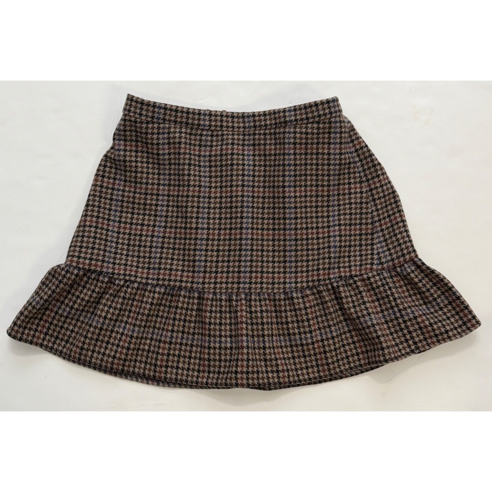 J.Crew Mercantile Brown Houndstooth Wool Blend Ruffle Hem Mini Skirt Size 8